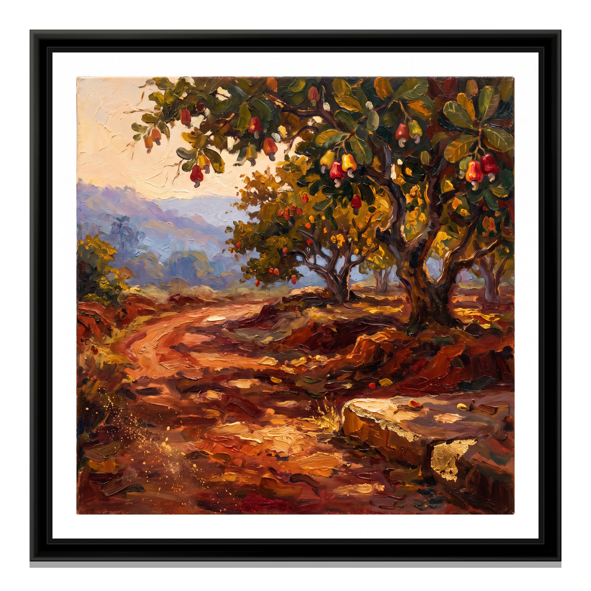 Red Laterite Lane under Cashew Trees, canvas print in a floater frame on a plain white background
