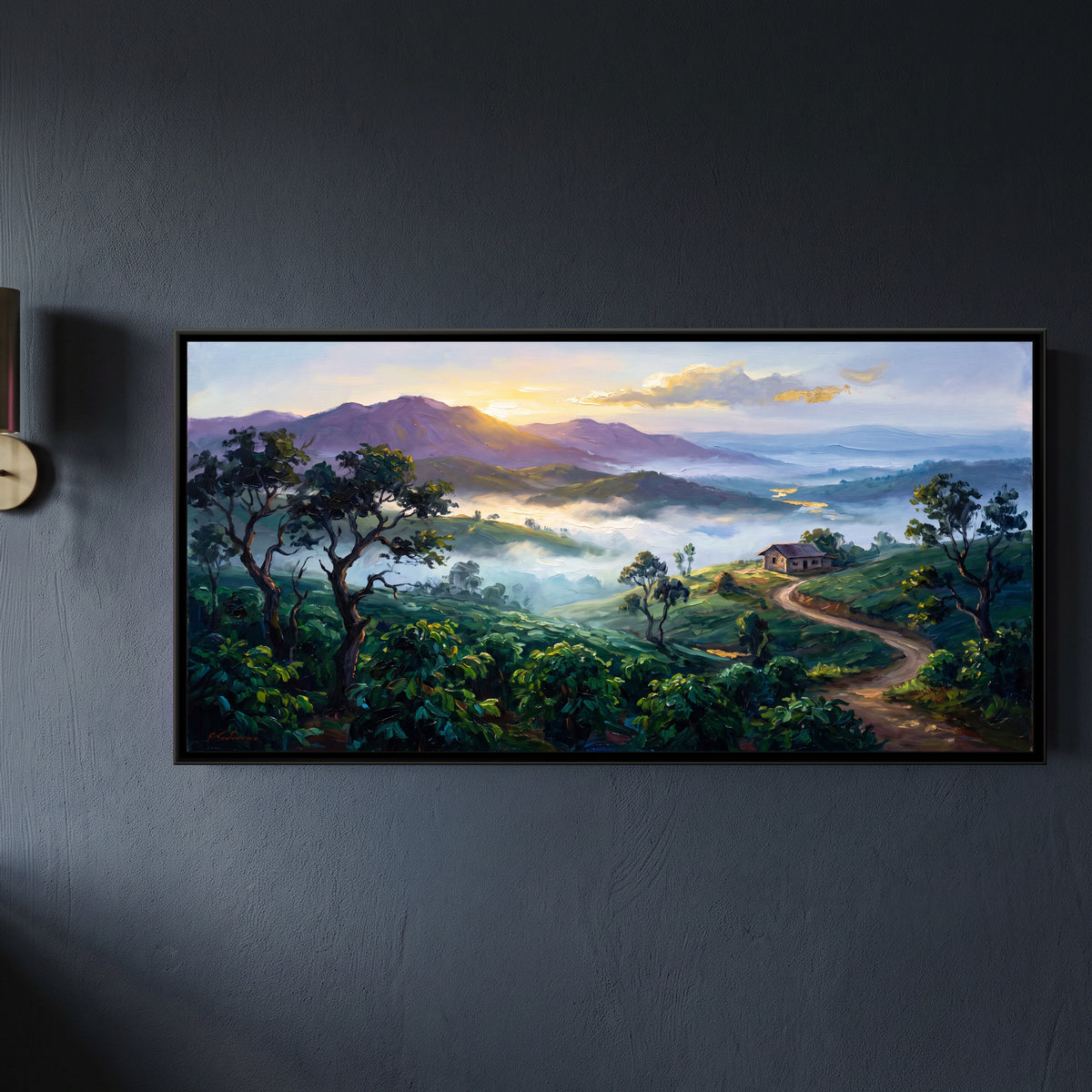 Coffee Estate Hills in Morning Mist, framed canvas print on a wall