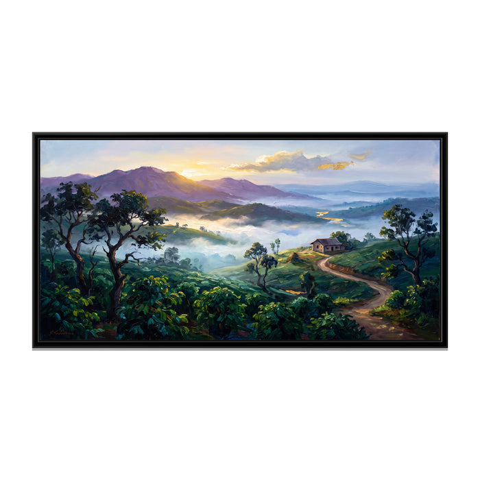 Coffee Estate Hills in Morning Mist, canvas print in a floater frame on a plain white background