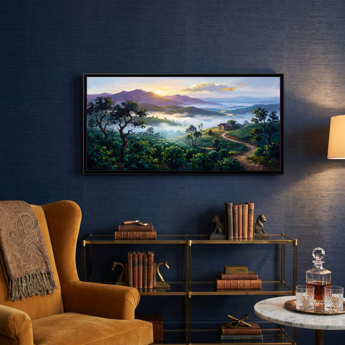 Coffee Estate Hills in Morning Mist, canvas print shown in a room