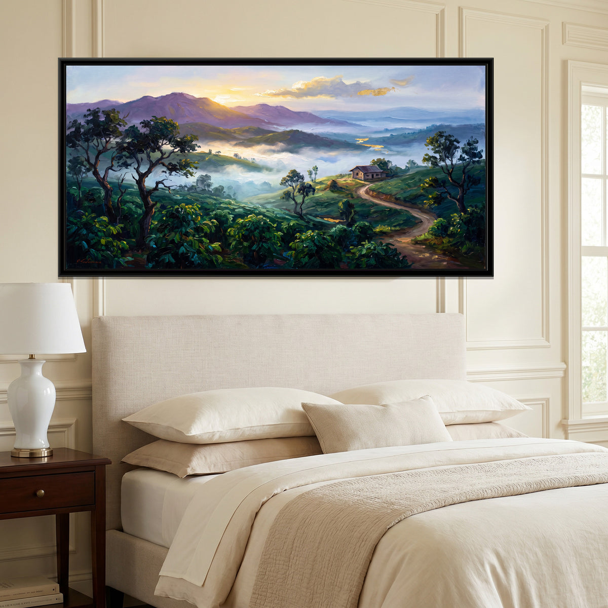 Coffee Estate Hills in Morning Mist, canvas print shown in a second room