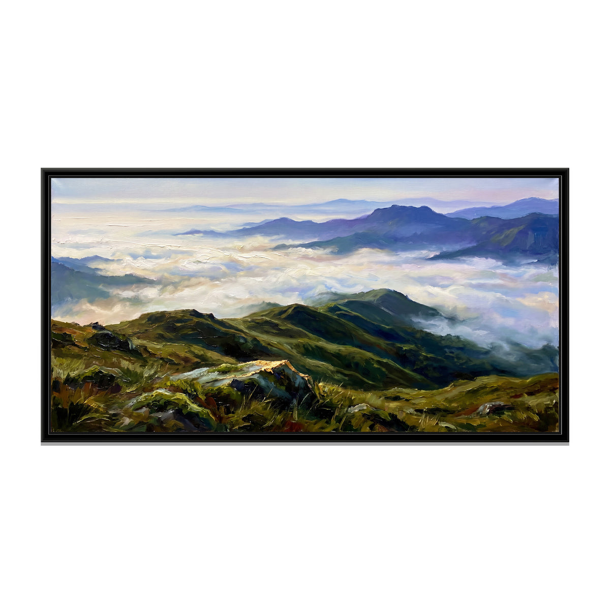 Mandalpatti Ridge above the Clouds, canvas print in a floater frame on a plain white background