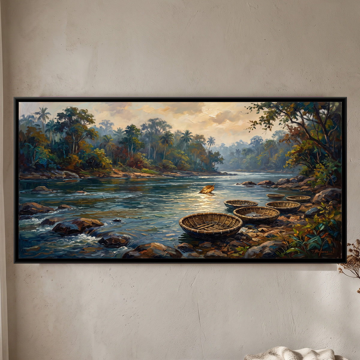 Kaveri River at Dubare, framed canvas print on a wall