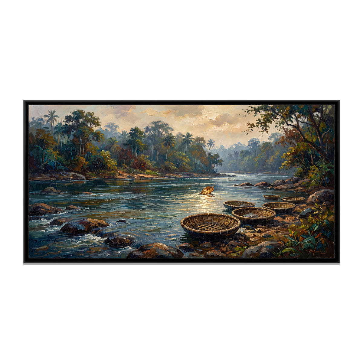 Kaveri River at Dubare, canvas print in a floater frame on a plain white background
