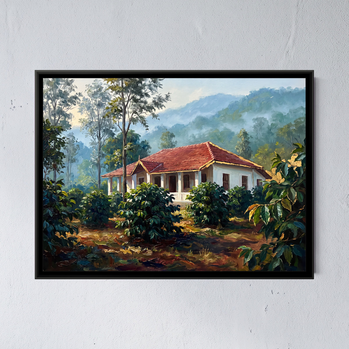 Planter's Bungalow among Silver Oaks, framed canvas print on a wall