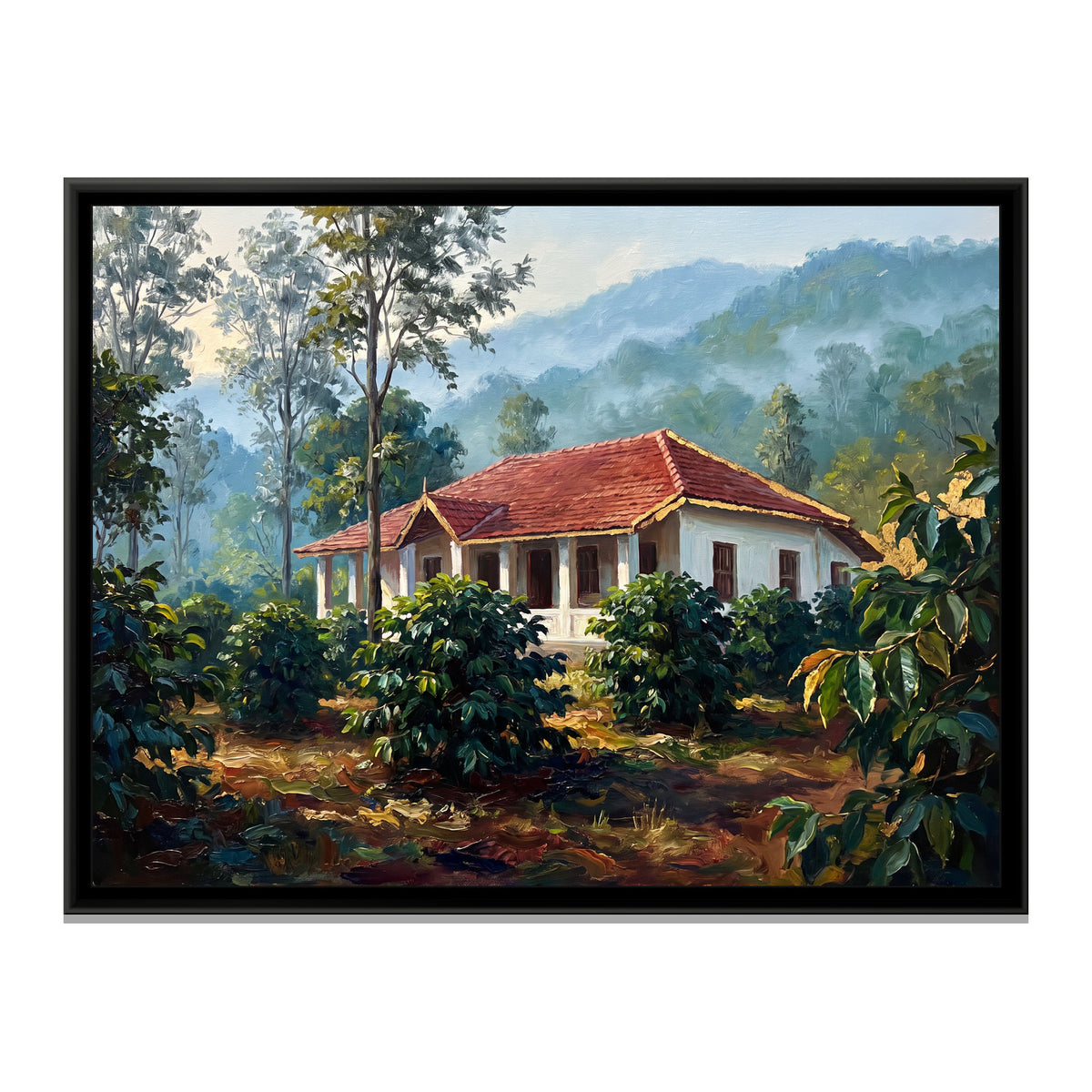 Planter's Bungalow among Silver Oaks, canvas print in a floater frame on a plain white background