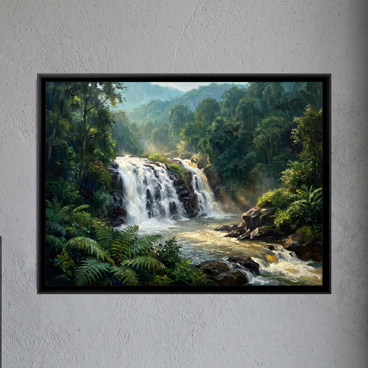 Abbey Falls through the Forest, framed canvas print on a wall