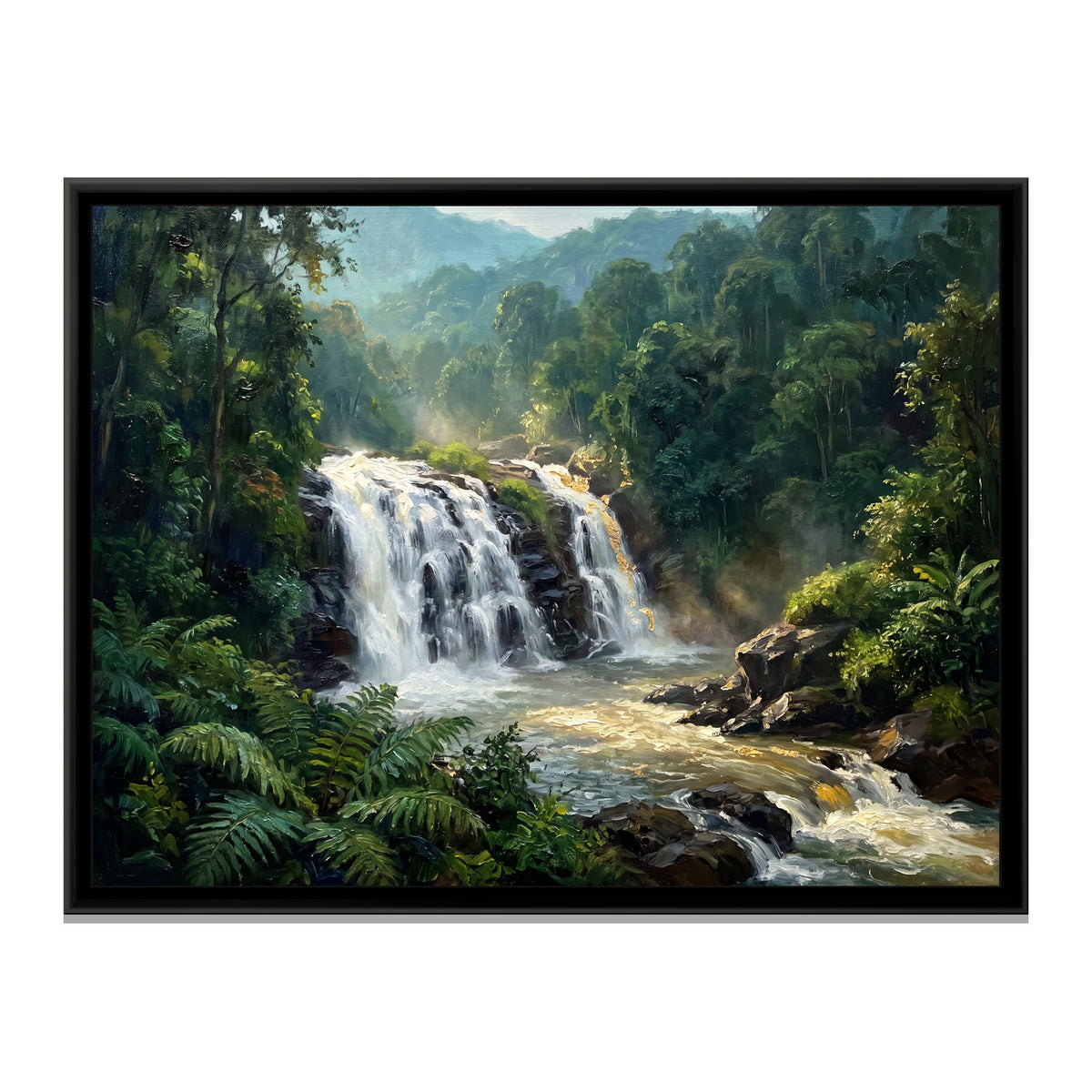Abbey Falls through the Forest, canvas print in a floater frame on a plain white background