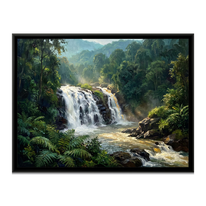 Abbey Falls through the Forest, canvas print in a floater frame on a plain white background