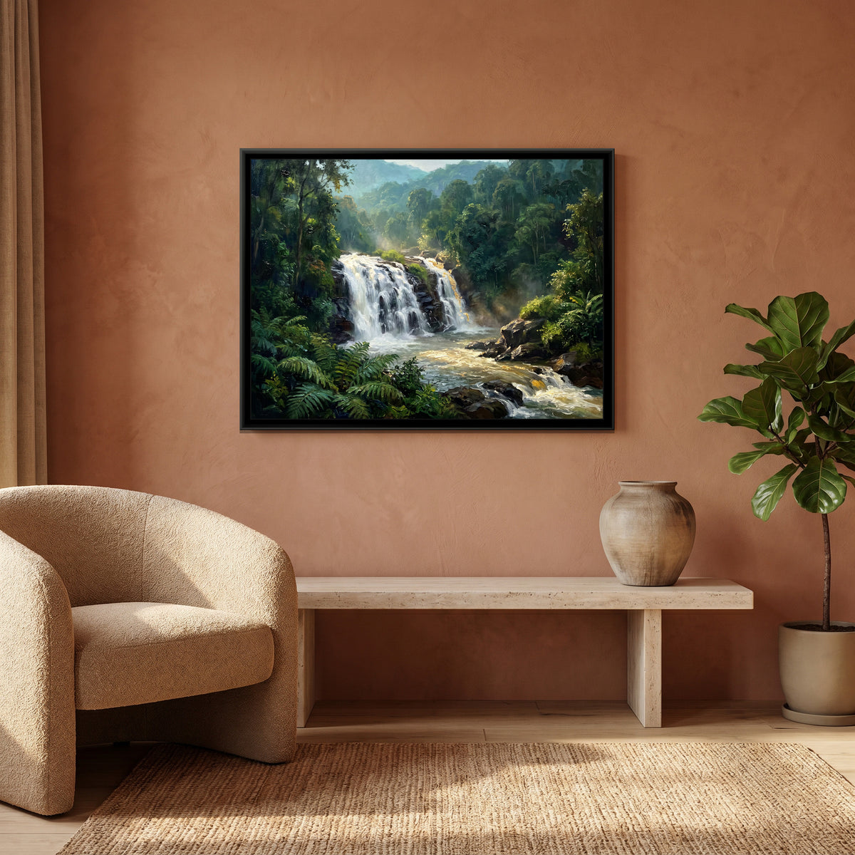 Abbey Falls through the Forest, canvas print shown in a second room