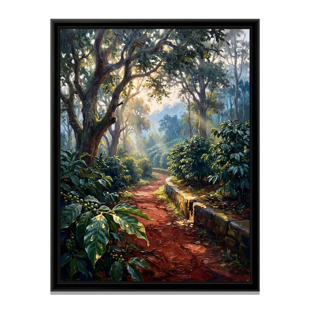 Estate Path through the Coffee Bushes, canvas print in a floater frame on a plain white background
