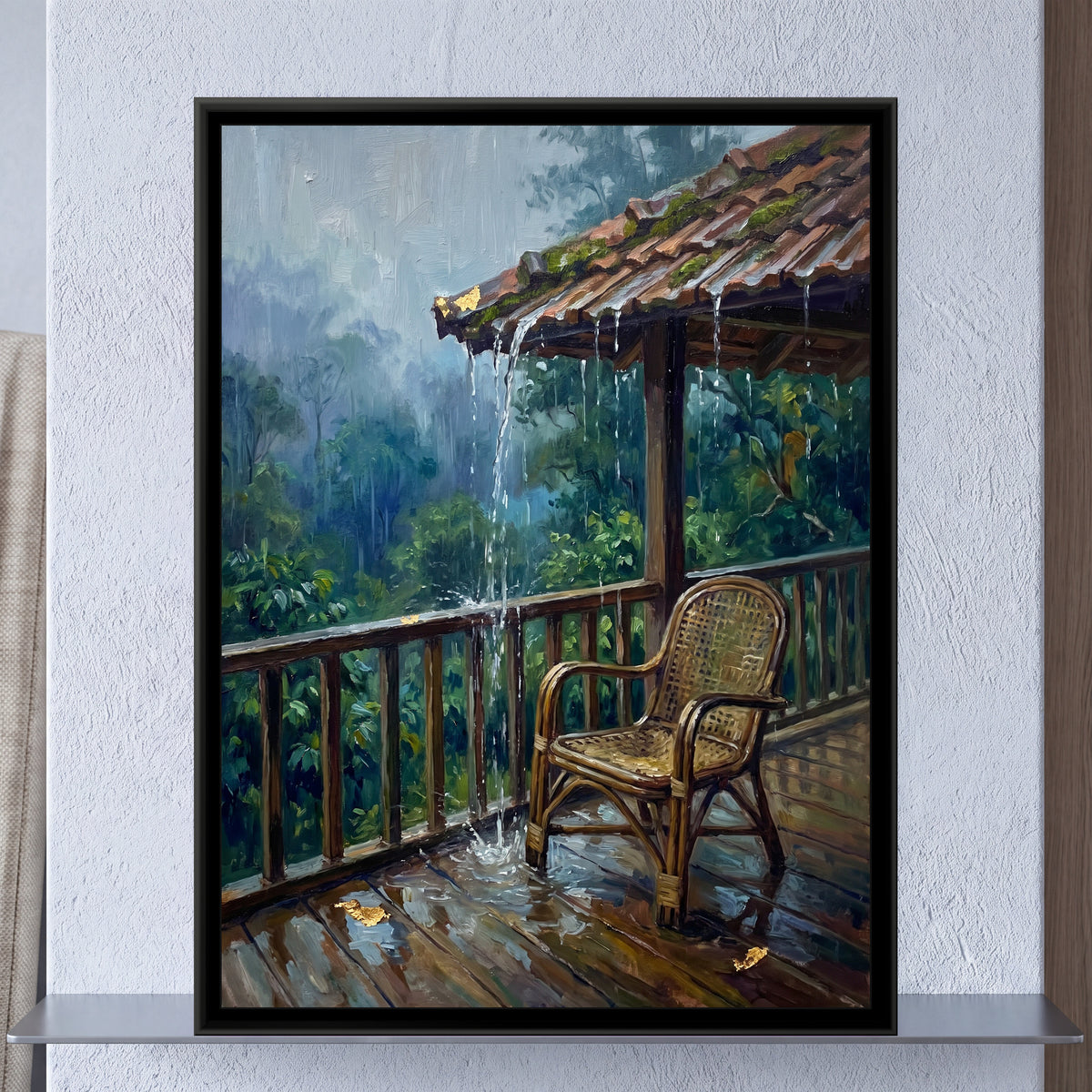 Rain on an Estate Verandah, framed canvas print on a wall