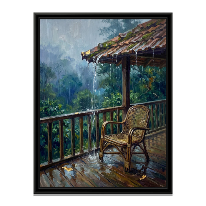 Rain on an Estate Verandah, canvas print in a floater frame on a plain white background