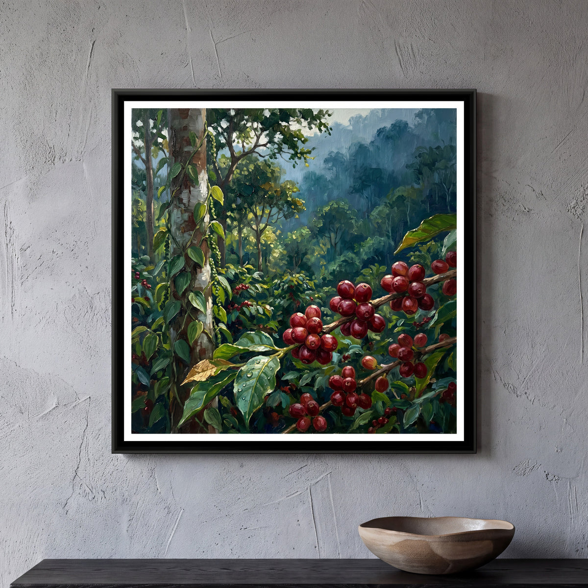 Coffee Cherries and Pepper Vines, framed canvas print on a wall