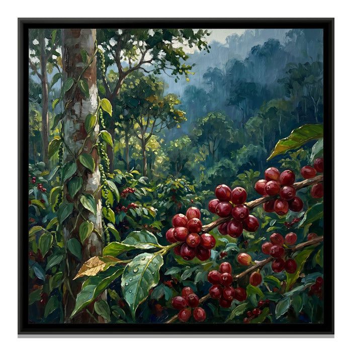 Coffee Cherries and Pepper Vines, canvas print in a floater frame on a plain white background
