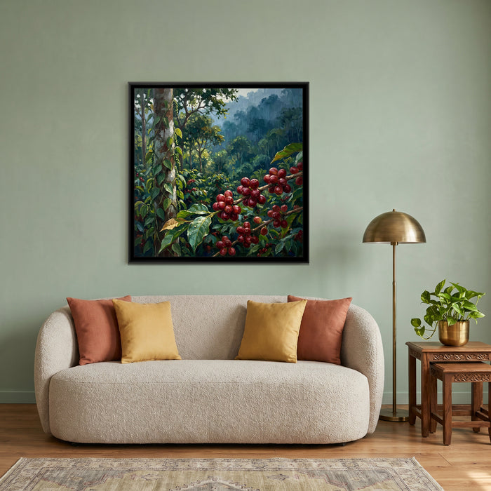 Coffee Cherries and Pepper Vines, canvas print shown in a room