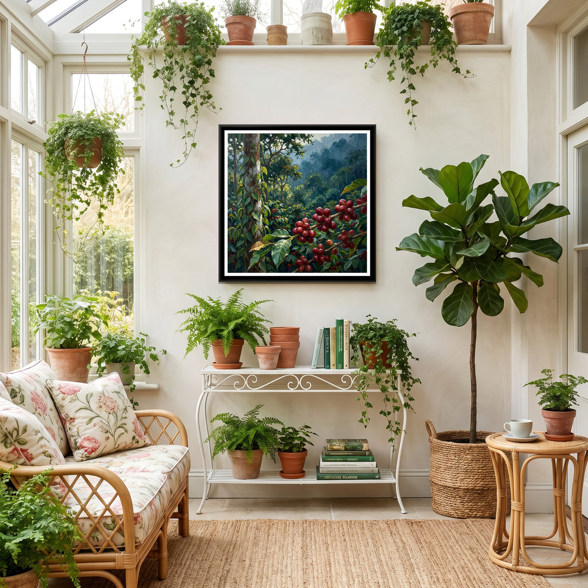 Coffee Cherries and Pepper Vines, canvas print shown in a second room