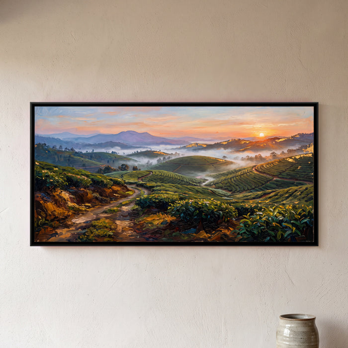 Munnar Tea Hills at Sunrise, canvas in a room