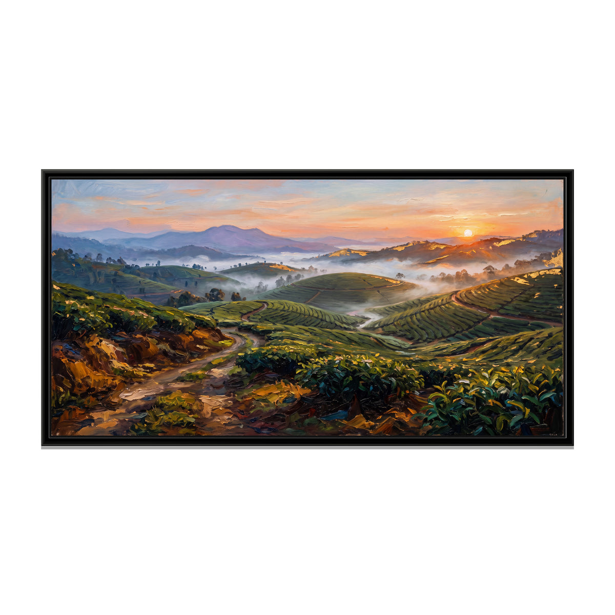 Munnar Tea Hills at Sunrise, canvas print in a floater frame on a plain white background