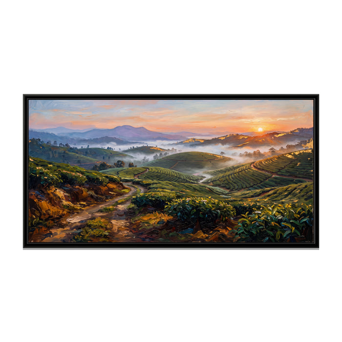 Munnar Tea Hills at Sunrise, canvas print in a floater frame on a plain white background
