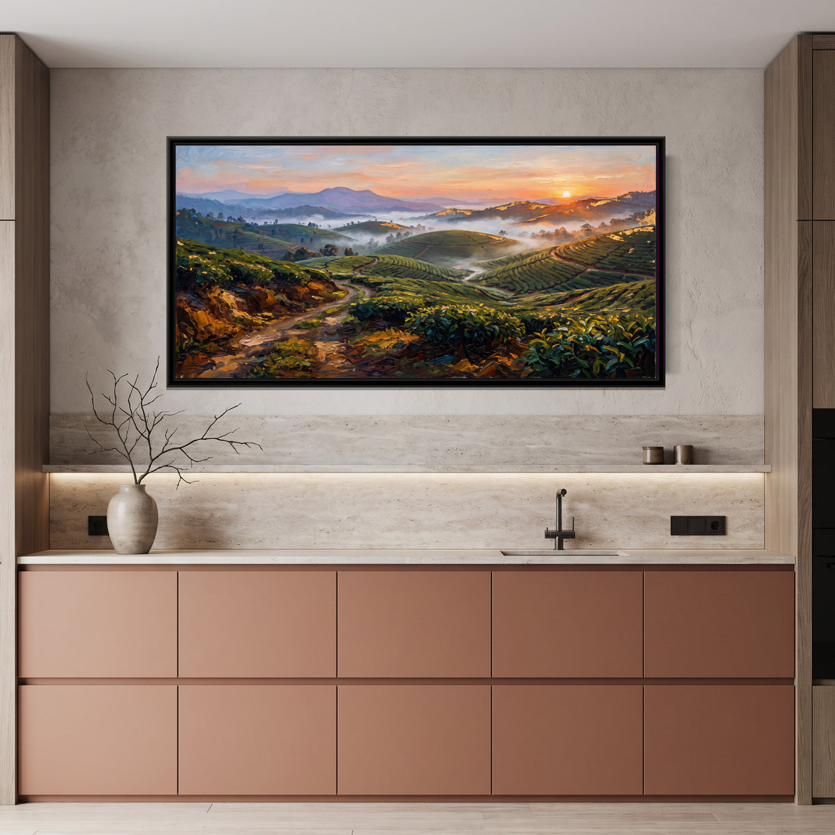 Munnar Tea Hills at Sunrise, canvas print shown in a room
