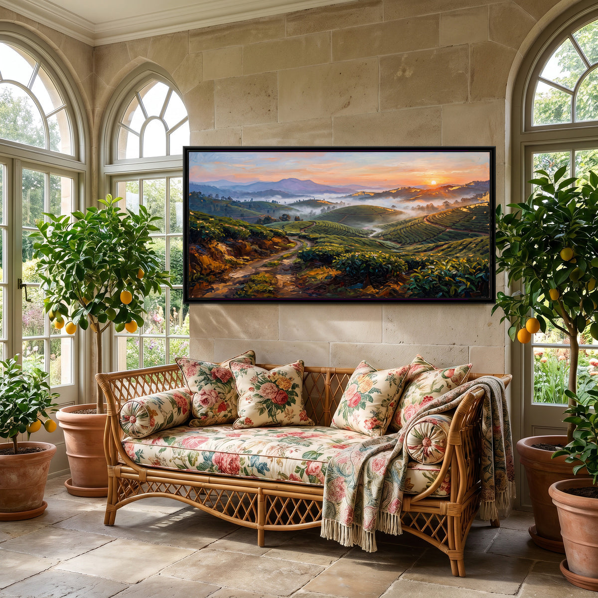 Munnar Tea Hills at Sunrise, canvas print shown in a second room