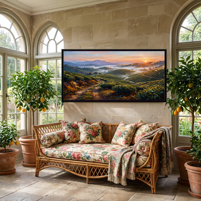 Munnar Tea Hills at Sunrise, canvas in a room