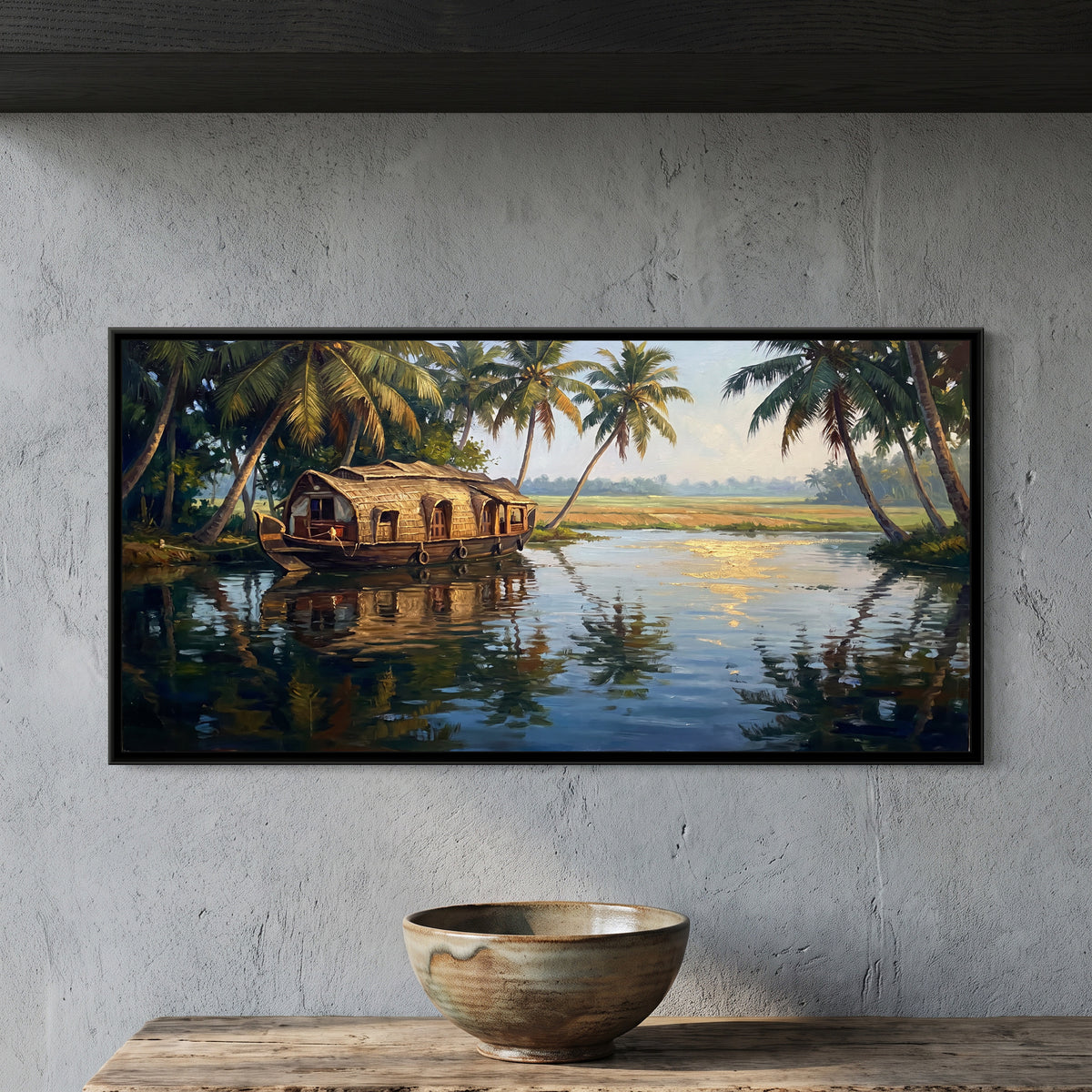Alleppey Backwaters with a Kettuvallam, framed canvas print on a wall