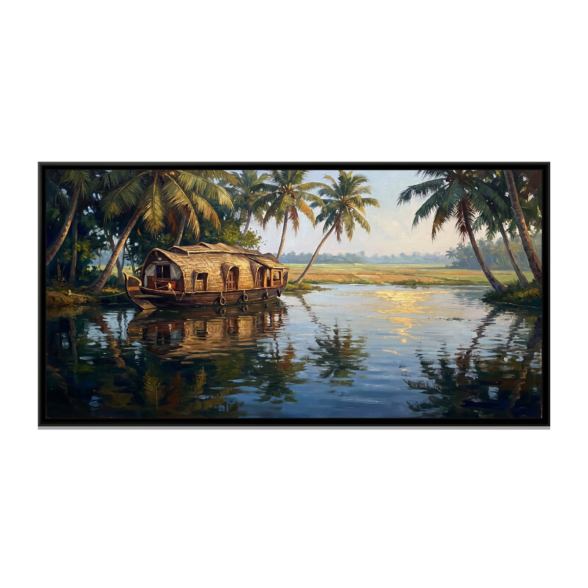 Alleppey Backwaters with a Kettuvallam, canvas print in a floater frame on a plain white background