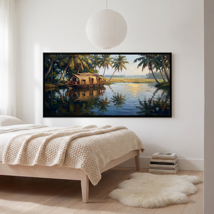 Alleppey Backwaters with a Kettuvallam, canvas print shown in a room