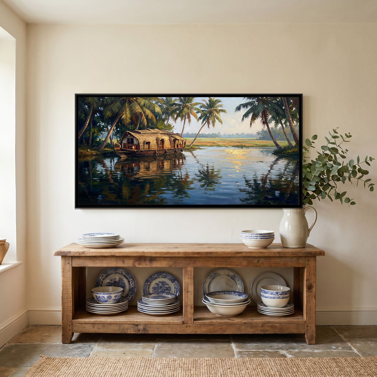 Alleppey Backwaters with a Kettuvallam, canvas print shown in a second room