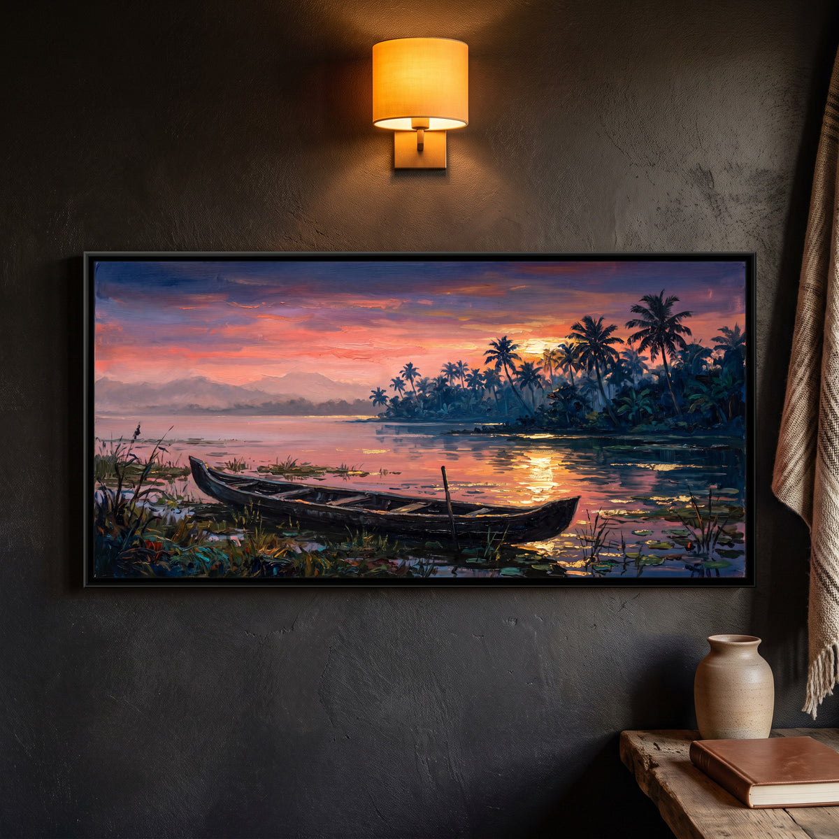 Kumarakom Lake at Dusk, framed canvas print on a wall