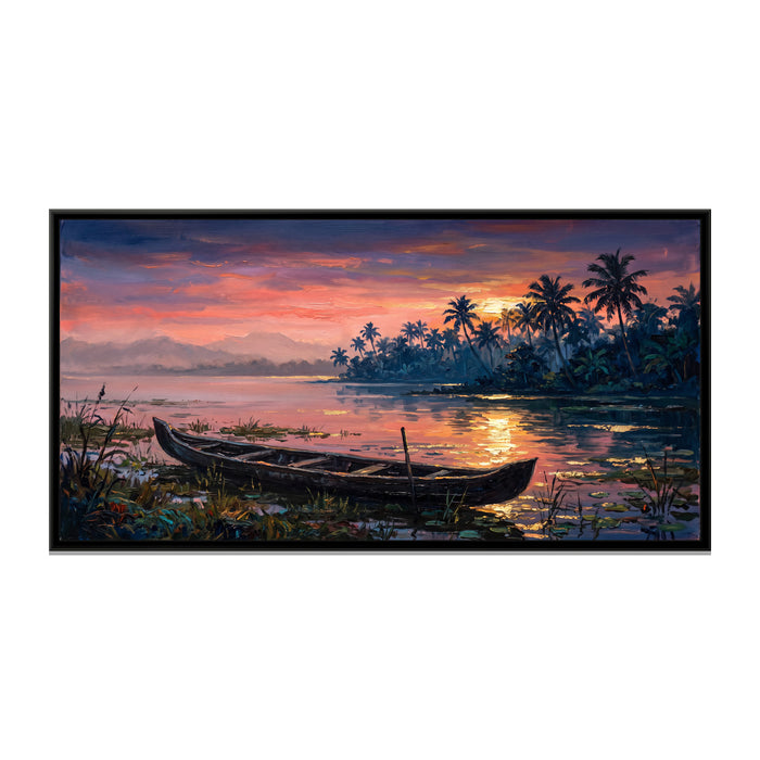 Kumarakom Lake at Dusk, canvas print in a floater frame on a plain white background