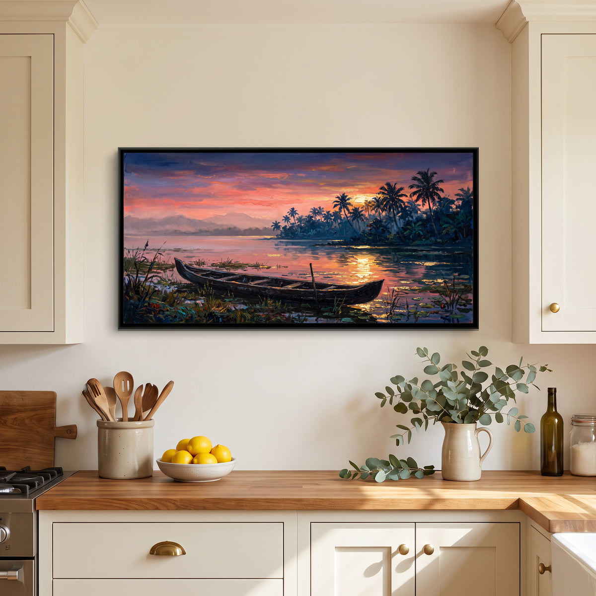 Kumarakom Lake at Dusk, canvas print shown in a second room