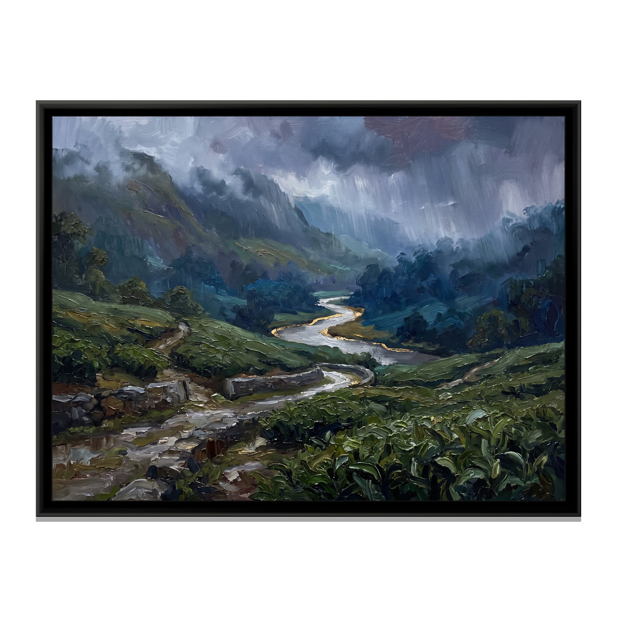 Monsoon over the Tea Estate, canvas print in a floater frame on a plain white background