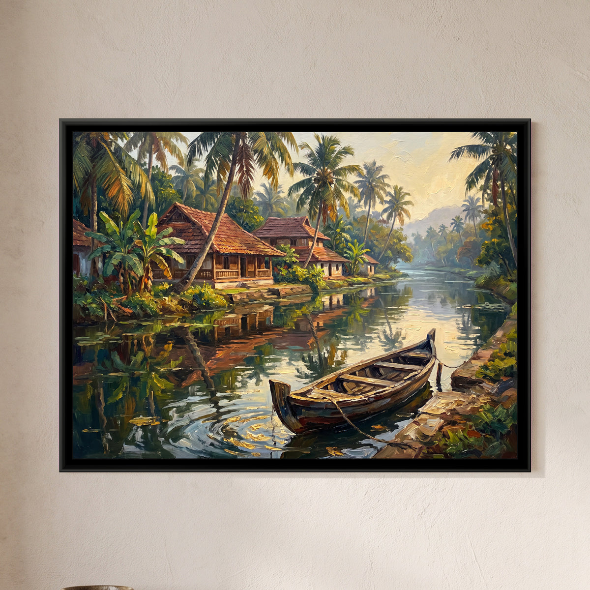 Canal Village in the Backwaters, framed canvas print on a wall