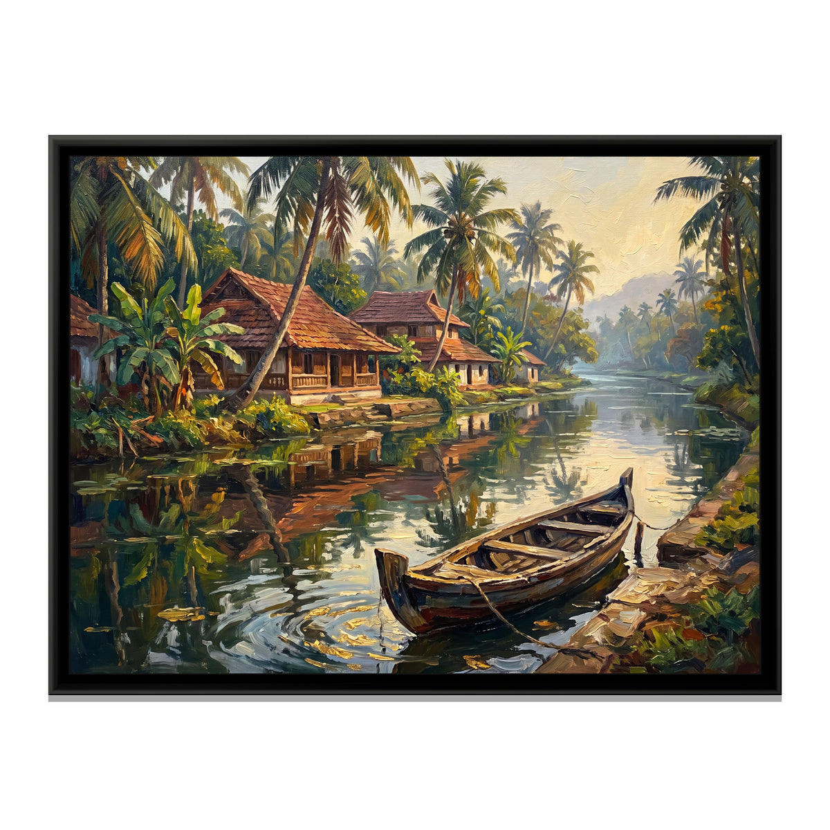 Canal Village in the Backwaters, canvas print in a floater frame on a plain white background