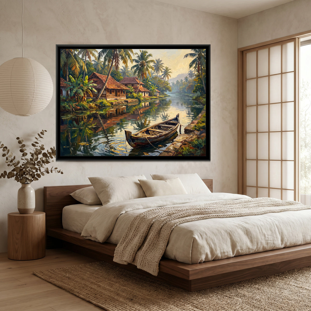 Canal Village in the Backwaters, canvas print shown in a room