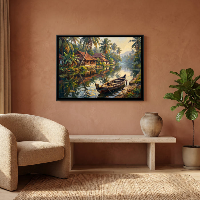 Canal Village in the Backwaters, canvas print shown in a room