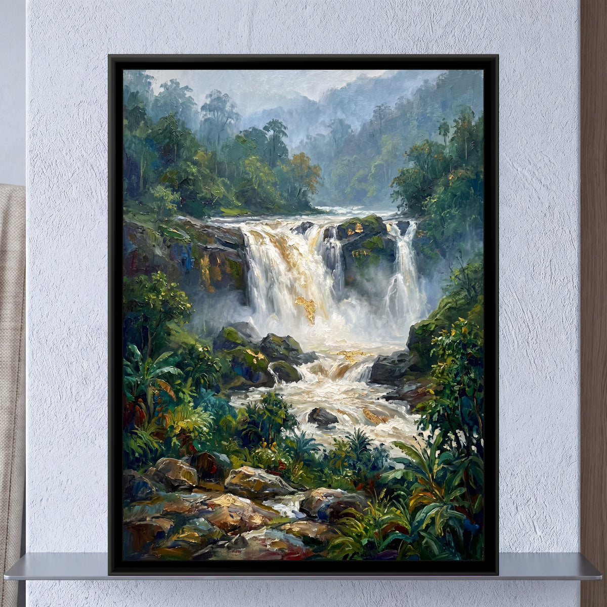 Waterfall in the Monsoon Ghats, framed canvas print on a wall