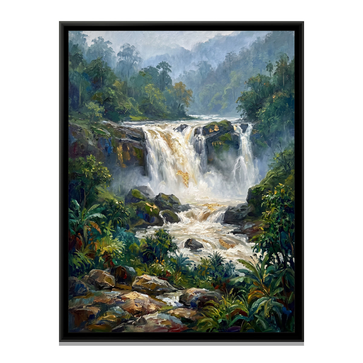 Waterfall in the Monsoon Ghats, canvas print in a floater frame on a plain white background