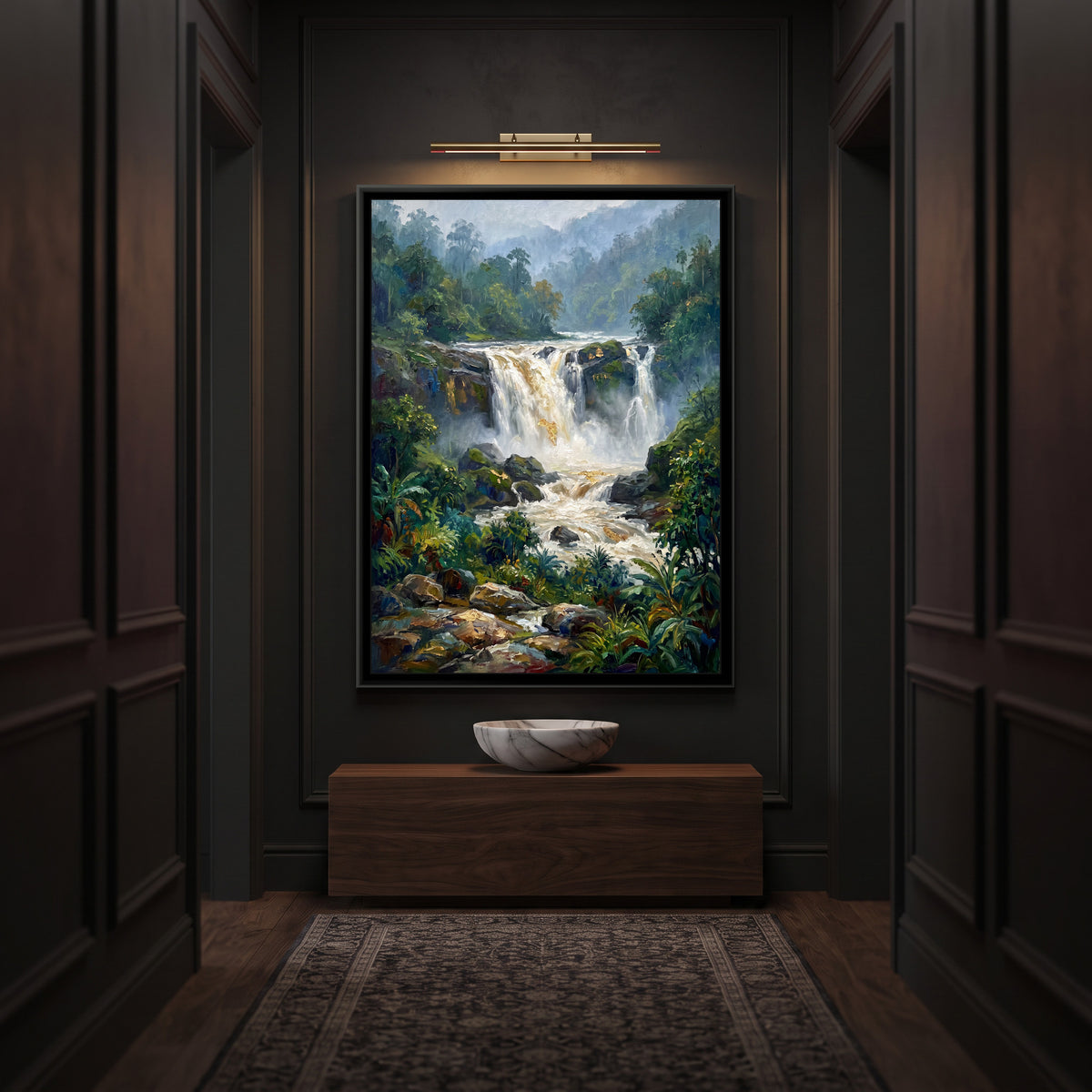 Waterfall in the Monsoon Ghats, canvas print shown in a second room