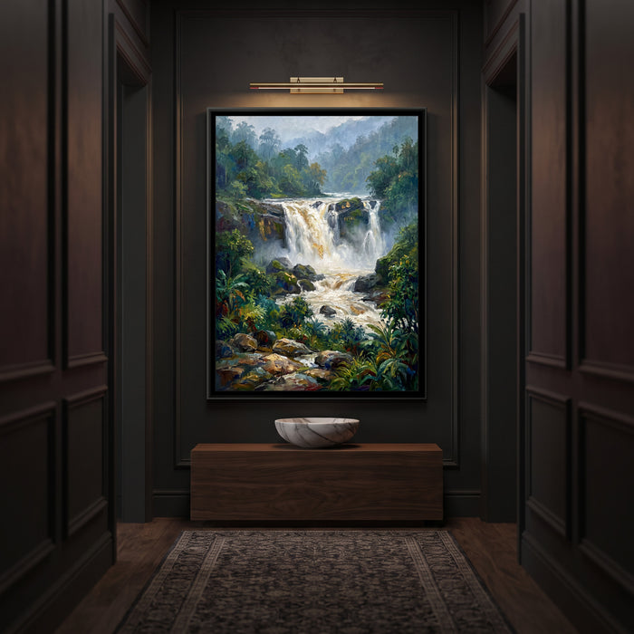 Waterfall in the Monsoon Ghats, canvas print shown in a second room