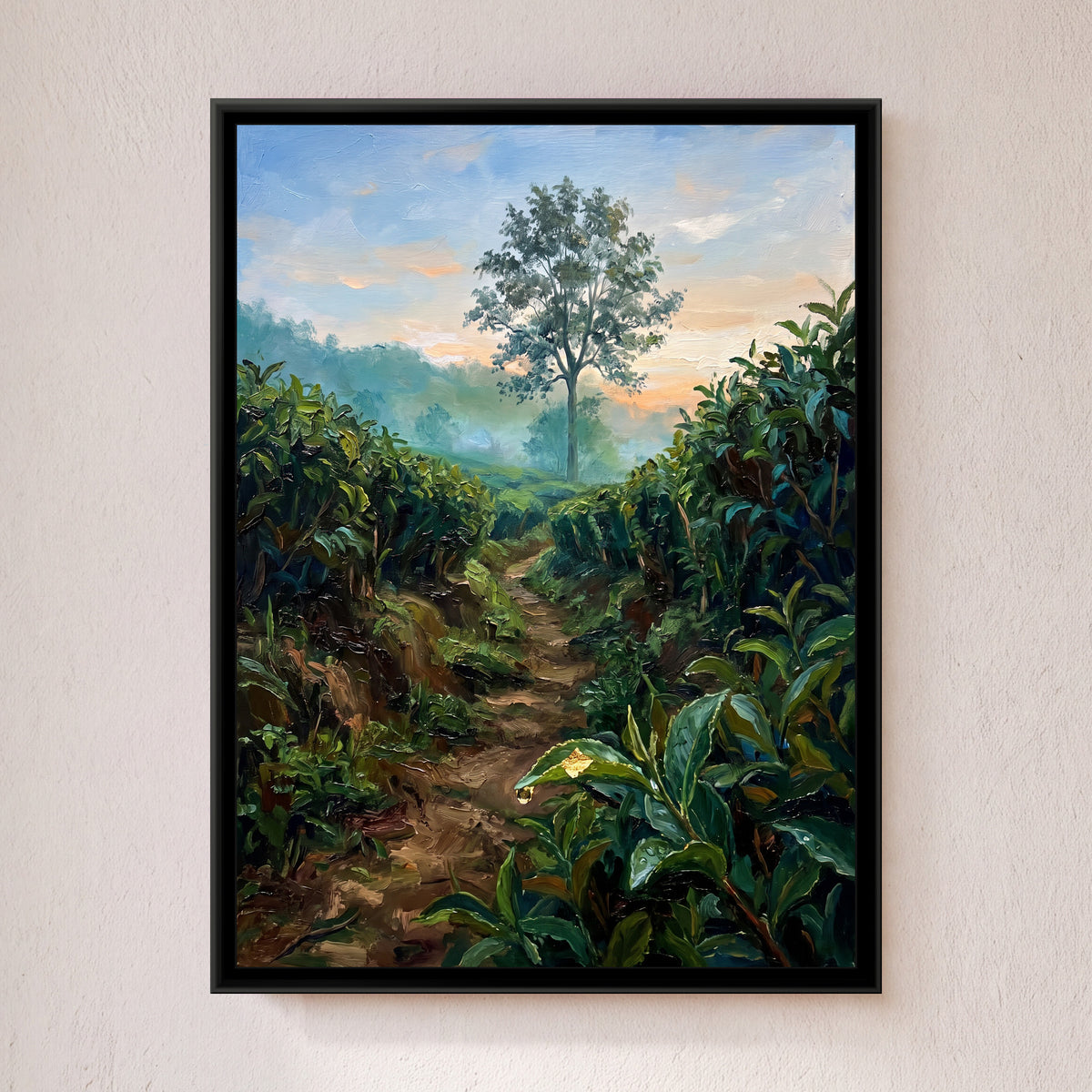 Path through the Munnar Tea Rows, framed canvas print on a wall