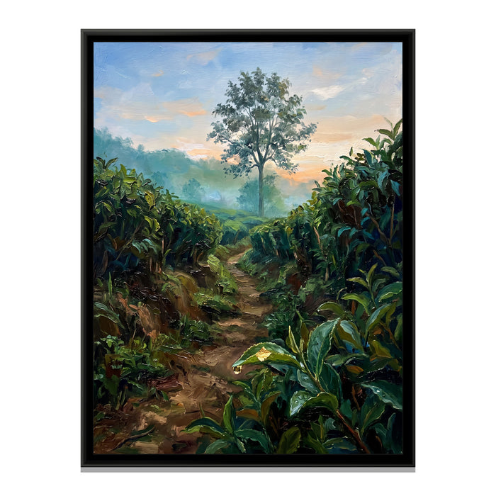 Path through the Munnar Tea Rows, canvas print in a floater frame on a plain white background