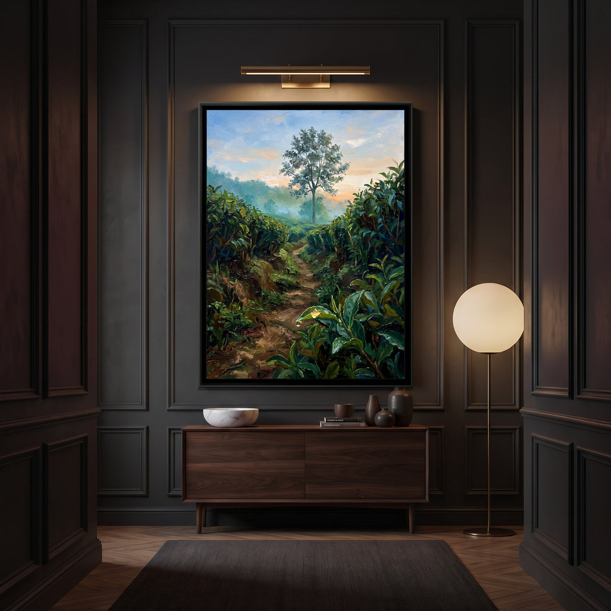 Path through the Munnar Tea Rows, canvas print shown in a second room