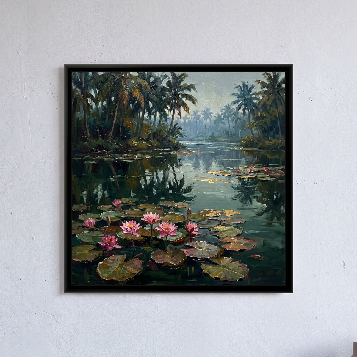 Water Lilies on a Backwater Canal, framed canvas print on a wall