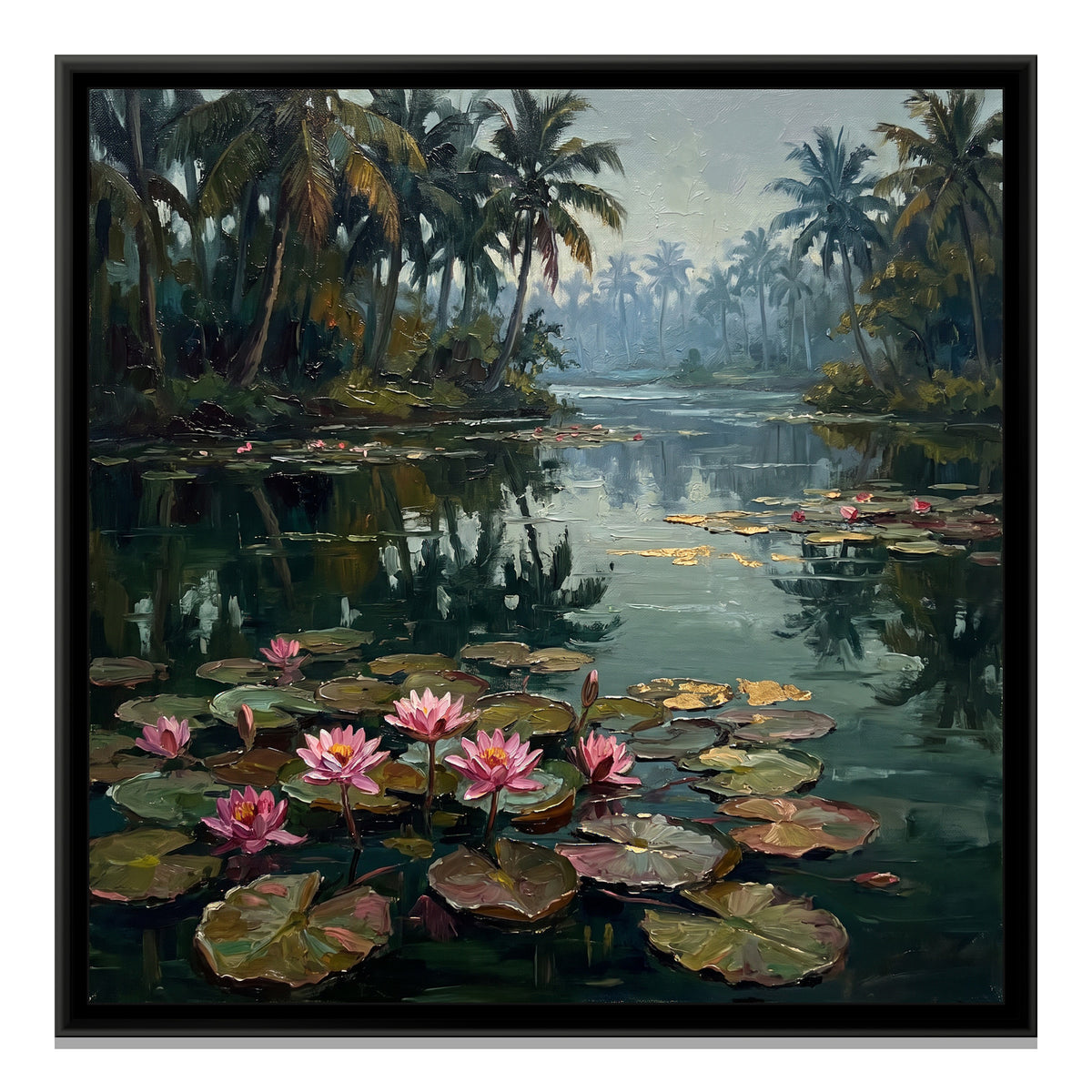 Water Lilies on a Backwater Canal, canvas print in a floater frame on a plain white background