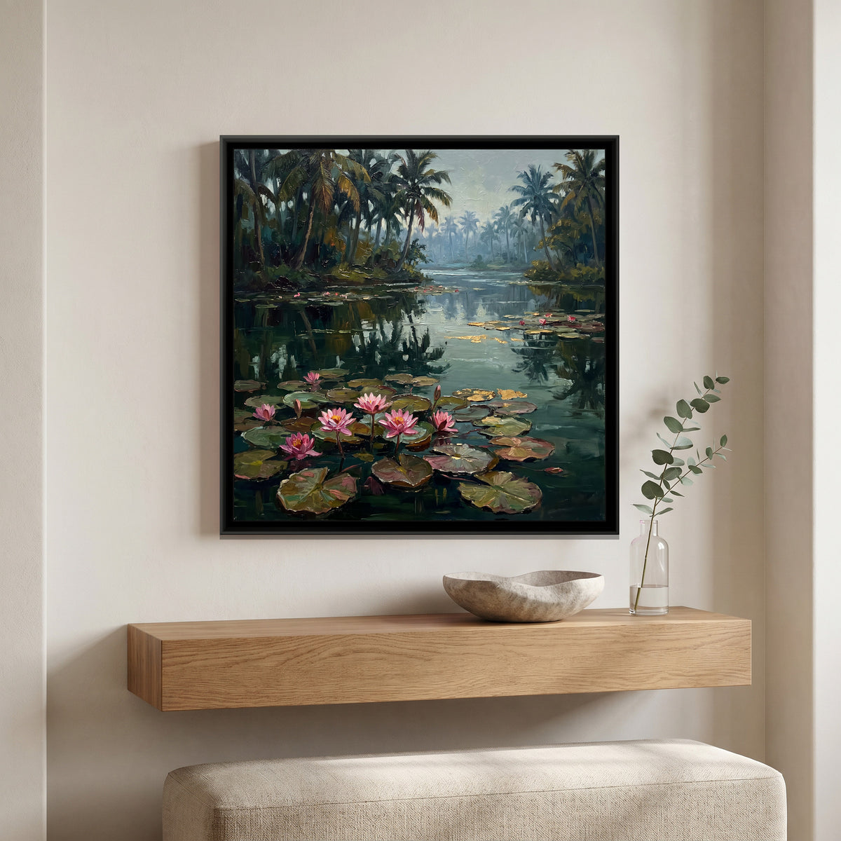 Water Lilies on a Backwater Canal, canvas print shown in a second room