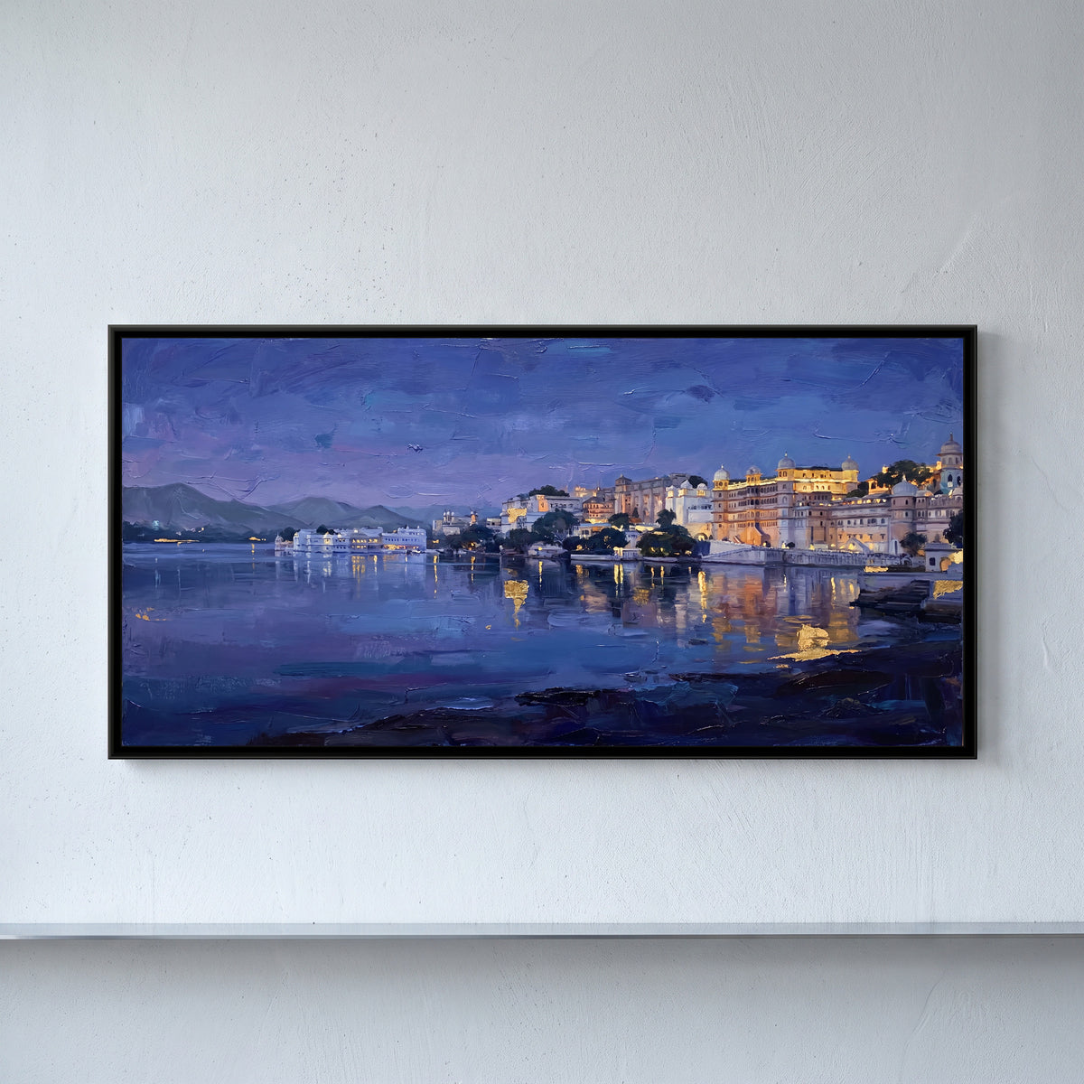 Lake Pichola at Blue Hour, framed canvas print on a wall